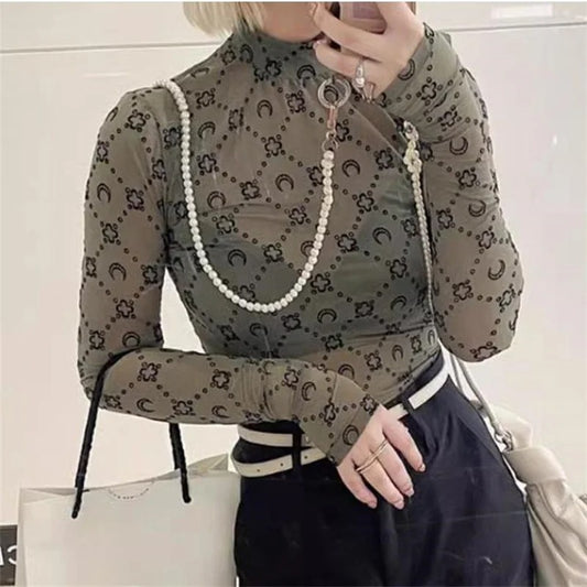 See Through Brand Women Tops Tulle Mesh Versatile Long Sleeve Moon Flocked Shirt Casual Thin Blouses Y2k Sexy Sheer Blusas 959P