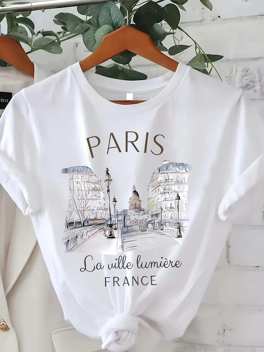 90s T Shirt Paris Women Print T-shirt Girl Short Sleeve Crew Neck Casual Top for Summer Spring Women's Clothing