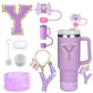 8PCS Accessories Set for Stanley Cup Purple 30oz 40oz tumbler Silicone Straw Topper Cover Cap Boot Handle Charm Initials Sticker