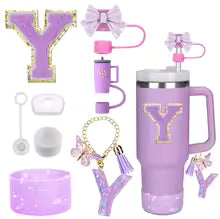 8PCS Accessories Set for Stanley Cup Purple 30oz 40oz tumbler Silicone Straw Topper Cover Cap Boot Handle Charm Initials Sticker