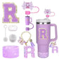8PCS Accessories Set for Stanley Cup Purple 30oz 40oz tumbler Silicone Straw Topper Cover Cap Boot Handle Charm Initials Sticker