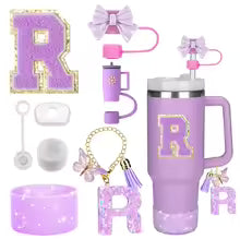 8PCS Accessories Set for Stanley Cup Purple 30oz 40oz tumbler Silicone Straw Topper Cover Cap Boot Handle Charm Initials Sticker