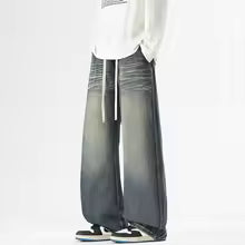 PantsKSTUN New Loose Jeans For Men Wide Leg Jeans Denim Pants Baggy Drawstring Washed Vintage Trousers Oversize Jeans Boys Young Man