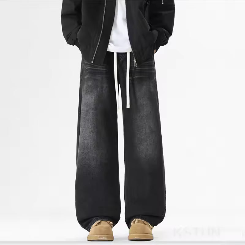 PantsKSTUN New Loose Jeans For Men Wide Leg Jeans Denim Pants Baggy Drawstring Washed Vintage Trousers Oversize Jeans Boys Young Man