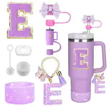 8PCS Accessories Set for Stanley Cup Purple 30oz 40oz tumbler Silicone Straw Topper Cover Cap Boot Handle Charm Initials Sticker