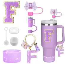 8PCS Accessories Set for Stanley Cup Purple 30oz 40oz tumbler Silicone Straw Topper Cover Cap Boot Handle Charm Initials Sticker