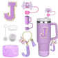 8PCS Accessories Set for Stanley Cup Purple 30oz 40oz tumbler Silicone Straw Topper Cover Cap Boot Handle Charm Initials Sticker