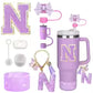 8PCS Accessories Set for Stanley Cup Purple 30oz 40oz tumbler Silicone Straw Topper Cover Cap Boot Handle Charm Initials Sticker