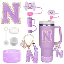 8PCS Accessories Set for Stanley Cup Purple 30oz 40oz tumbler Silicone Straw Topper Cover Cap Boot Handle Charm Initials Sticker