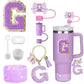8PCS Accessories Set for Stanley Cup Purple 30oz 40oz tumbler Silicone Straw Topper Cover Cap Boot Handle Charm Initials Sticker