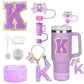 8PCS Accessories Set for Stanley Cup Purple 30oz 40oz tumbler Silicone Straw Topper Cover Cap Boot Handle Charm Initials Sticker