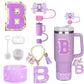8PCS Accessories Set for Stanley Cup Purple 30oz 40oz tumbler Silicone Straw Topper Cover Cap Boot Handle Charm Initials Sticker