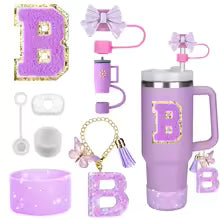 8PCS Accessories Set for Stanley Cup Purple 30oz 40oz tumbler Silicone Straw Topper Cover Cap Boot Handle Charm Initials Sticker