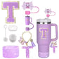 8PCS Accessories Set for Stanley Cup Purple 30oz 40oz tumbler Silicone Straw Topper Cover Cap Boot Handle Charm Initials Sticker