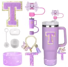 8PCS Accessories Set for Stanley Cup Purple 30oz 40oz tumbler Silicone Straw Topper Cover Cap Boot Handle Charm Initials Sticker