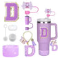 8PCS Accessories Set for Stanley Cup Purple 30oz 40oz tumbler Silicone Straw Topper Cover Cap Boot Handle Charm Initials Sticker