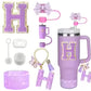 8PCS Accessories Set for Stanley Cup Purple 30oz 40oz tumbler Silicone Straw Topper Cover Cap Boot Handle Charm Initials Sticker