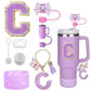 8PCS Accessories Set for Stanley Cup Purple 30oz 40oz tumbler Silicone Straw Topper Cover Cap Boot Handle Charm Initials Sticker