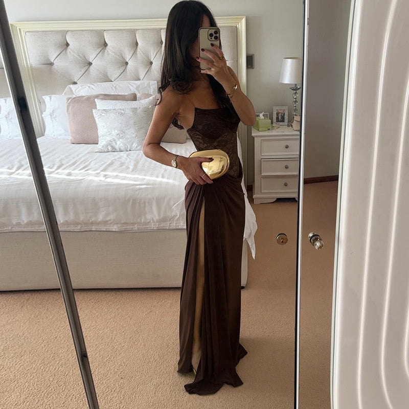 Mozision One Shoulder Lace See Through Sexy Maxi Dress Women Gown Fashion Off-shoulder Sleeveless Backless Club Long Dresses