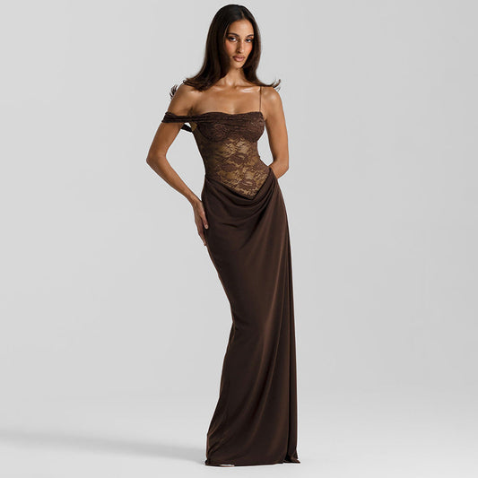 Mozision One Shoulder Lace See Through Sexy Maxi Dress Women Gown Fashion Off-shoulder Sleeveless Backless Club Long Dresses