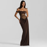 Mozision One Shoulder Lace See Through Sexy Maxi Dress Women Gown Fashion Off-shoulder Sleeveless Backless Club Long Dresses