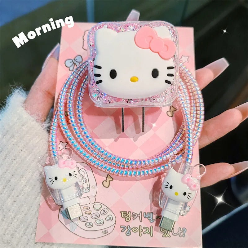 Cartoon Hello Kitty Charger Data Cable Case Protector And Winding Kit For 20W Fast Charger Adapter Phone Charger Case