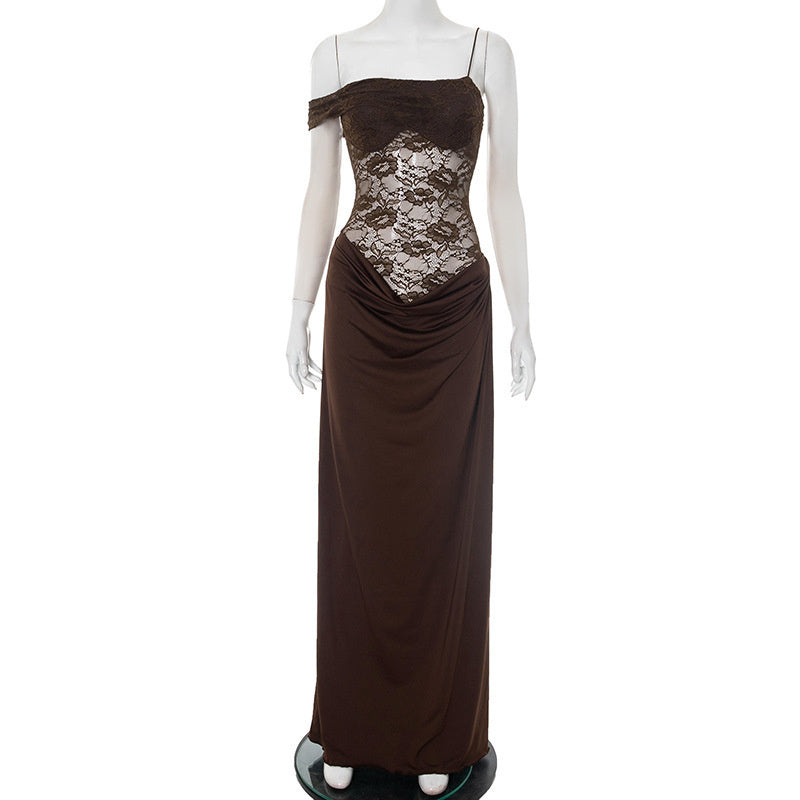 Mozision One Shoulder Lace See Through Sexy Maxi Dress Women Gown Fashion Off-shoulder Sleeveless Backless Club Long Dresses