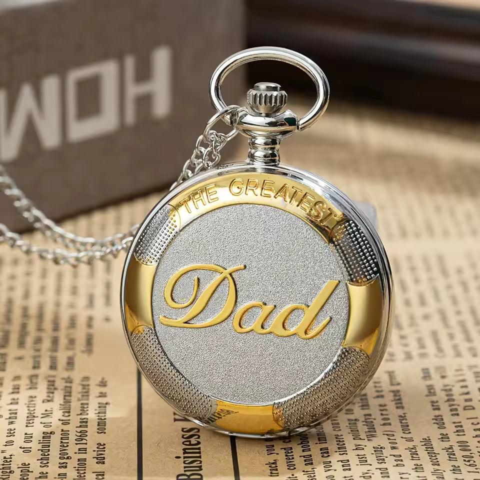 Exquisite Vintage Silver Golden Best Dad Quartz Pocket Watch Fob Chain Necklace Men's Father's Day Birthday Gift Clock