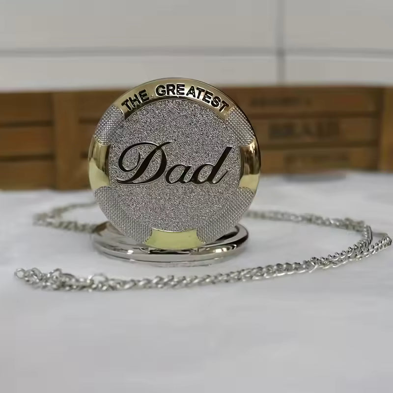 Exquisite Vintage Silver Golden Best Dad Quartz Pocket Watch Fob Chain Necklace Men's Father's Day Birthday Gift Clock