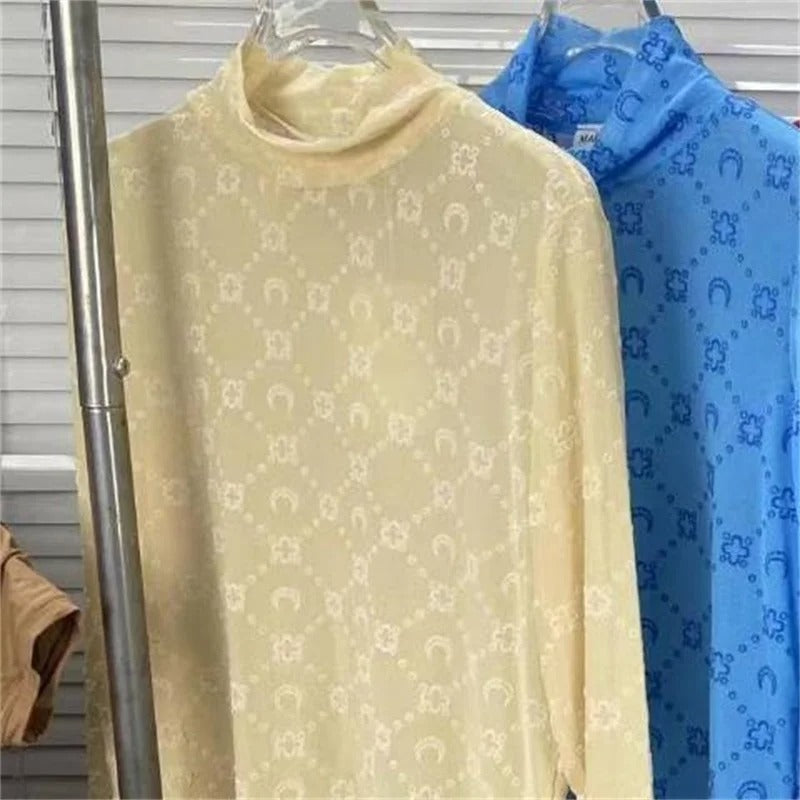 See Through Brand Women Tops Tulle Mesh Versatile Long Sleeve Moon Flocked Shirt Casual Thin Blouses Y2k Sexy Sheer Blusas 959P