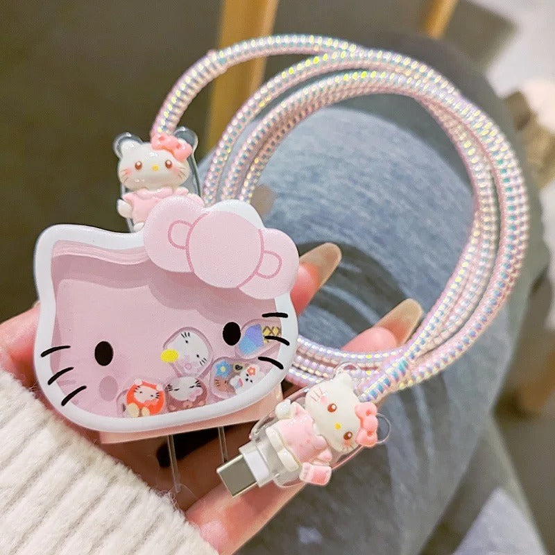 Cartoon Hello Kitty Charger Data Cable Case Protector And Winding Kit For 20W Fast Charger Adapter Phone Charger Case
