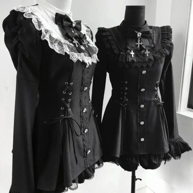 Y2k Aesthetic Lolita Style Bow Dress Shorts Set Japanese Women Gothic Lace Flare Sleeve Button Shirt Dress Punk Party Mini Dress