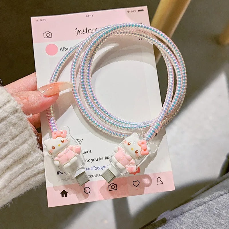 Cartoon Hello Kitty Charger Data Cable Case Protector And Winding Kit For 20W Fast Charger Adapter Phone Charger Case