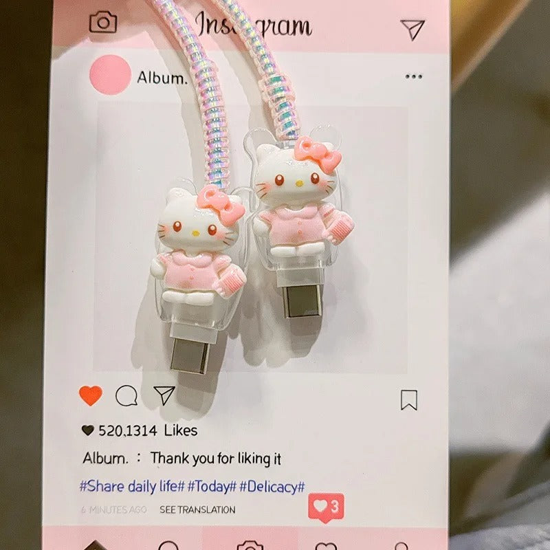 Cartoon Hello Kitty Charger Data Cable Case Protector And Winding Kit For 20W Fast Charger Adapter Phone Charger Case