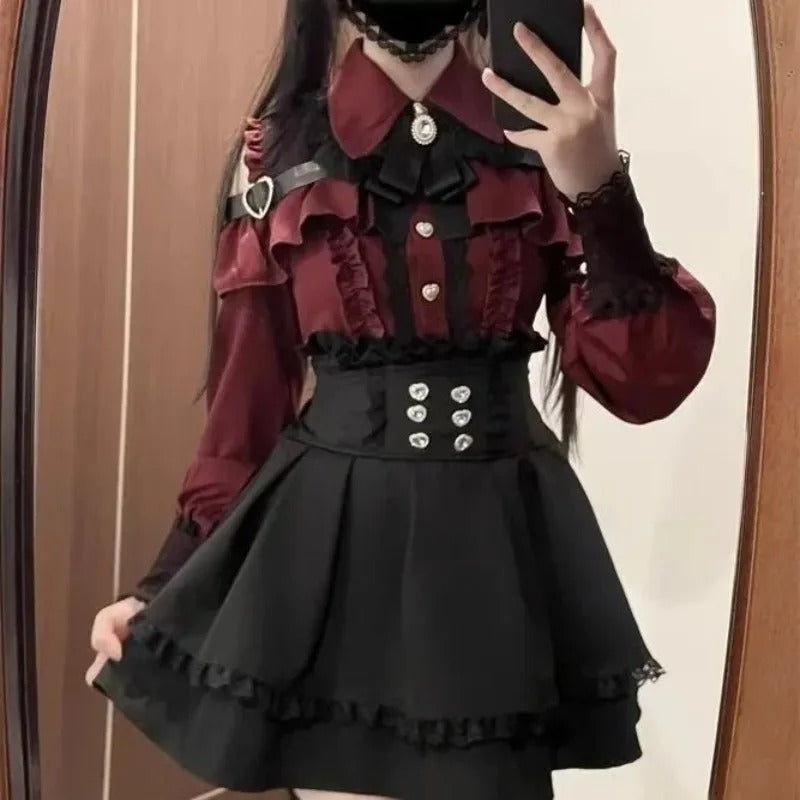 Y2k Aesthetic Lolita Style Bow Dress Shorts Set Japanese Women Gothic Lace Flare Sleeve Button Shirt Dress Punk Party Mini Dress