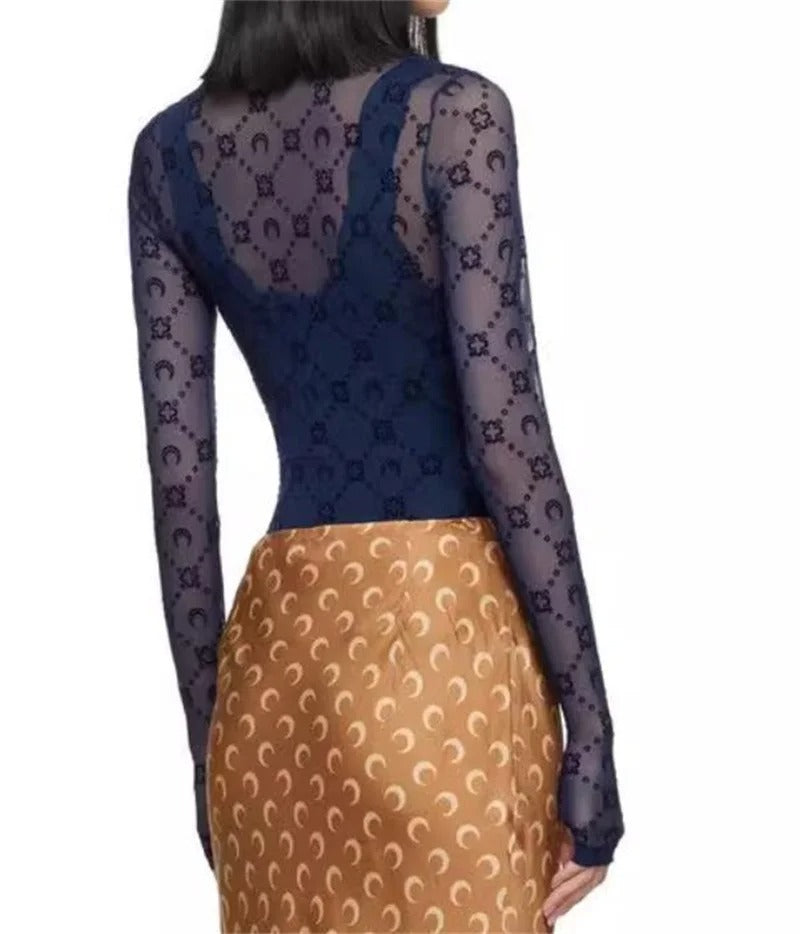 See Through Brand Women Tops Tulle Mesh Versatile Long Sleeve Moon Flocked Shirt Casual Thin Blouses Y2k Sexy Sheer Blusas 959P
