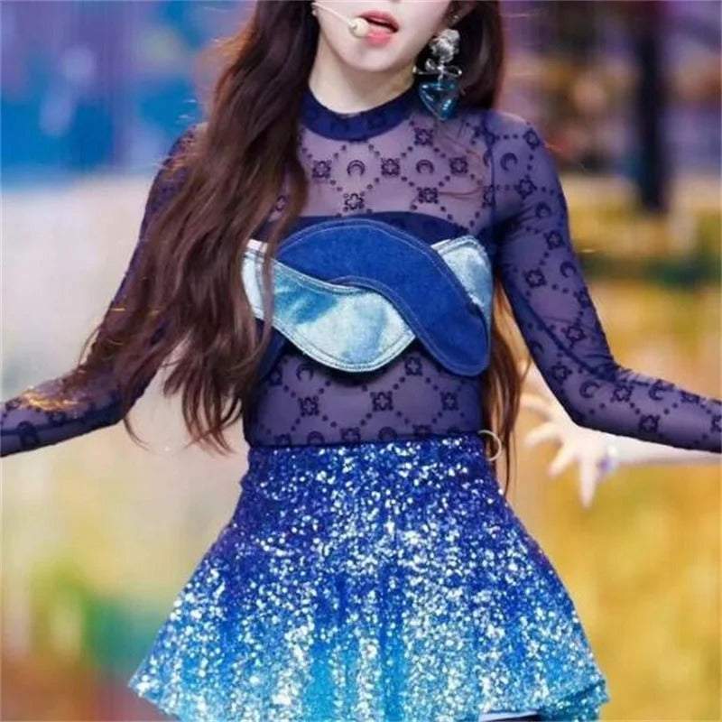 See Through Brand Women Tops Tulle Mesh Versatile Long Sleeve Moon Flocked Shirt Casual Thin Blouses Y2k Sexy Sheer Blusas 959P