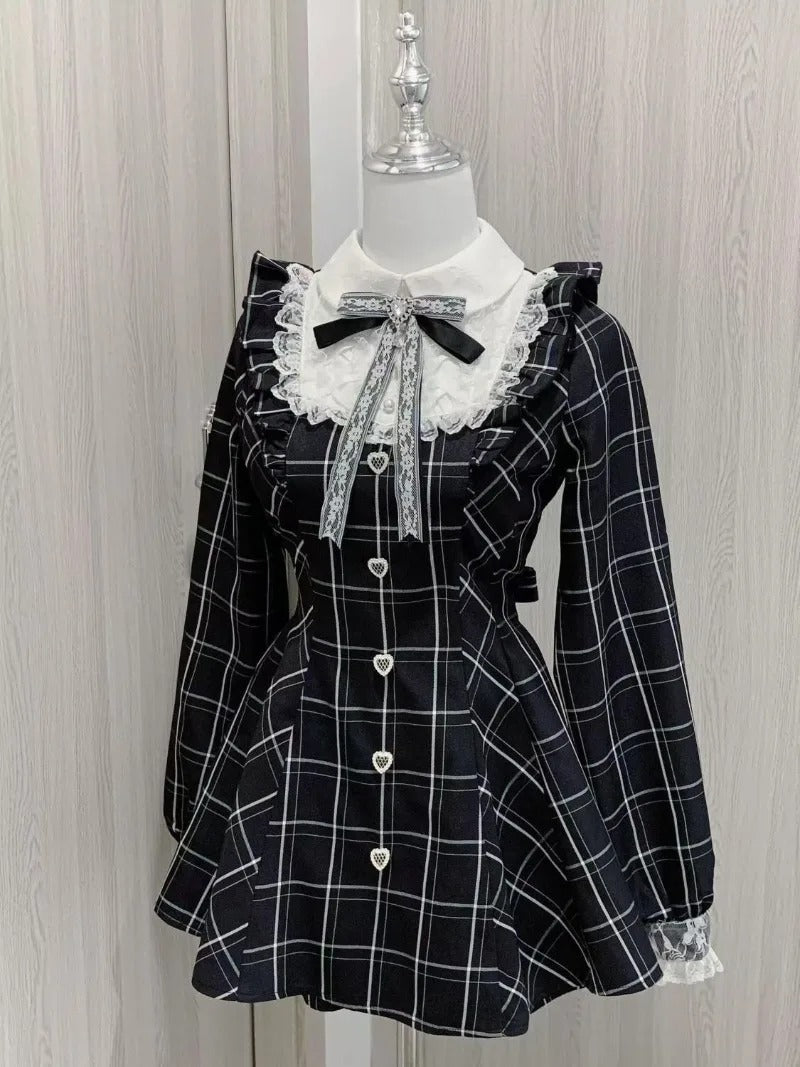 Y2k Aesthetic Lolita Style Bow Dress Shorts Set Japanese Women Gothic Lace Flare Sleeve Button Shirt Dress Punk Party Mini Dress