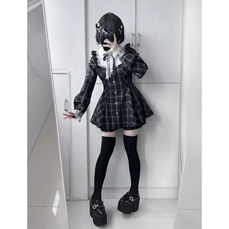 Y2k Aesthetic Lolita Style Bow Dress Shorts Set Japanese Women Gothic Lace Flare Sleeve Button Shirt Dress Punk Party Mini Dress