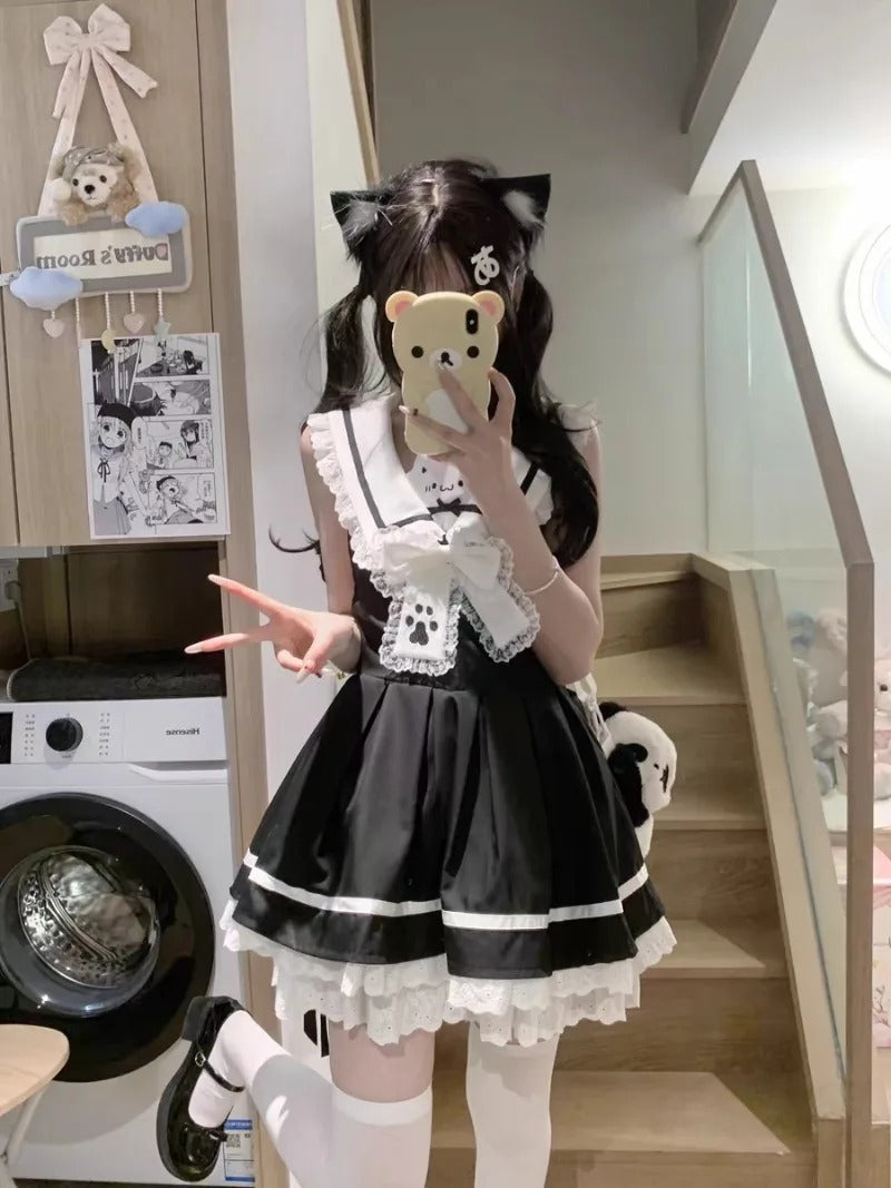 Y2k Aesthetic Lolita Style Bow Dress Shorts Set Japanese Women Gothic Lace Flare Sleeve Button Shirt Dress Punk Party Mini Dress