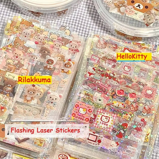 5Sheets Cartoon HelloKitty Rilakkuma Stickers Cartoon Anime Die-cutting Flashing Laser Sticker Decals DIY Handbooks Decoration