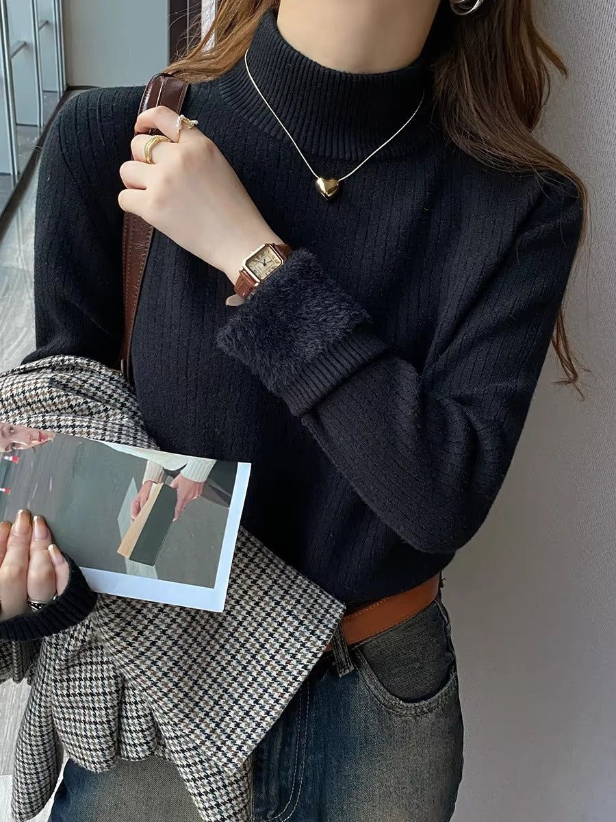 Women's Turtleneck Sweater Winter 2025 Retro with Velvet Lining Thickened Inner Wear Thermal Knitting Bottoming Shirt Pullovers