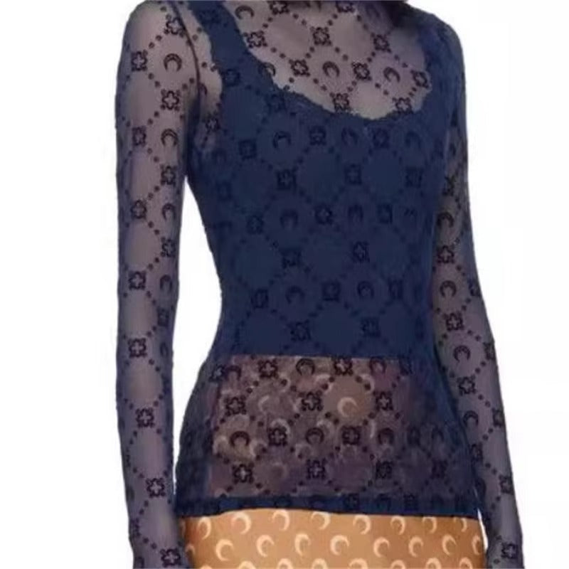 See Through Brand Women Tops Tulle Mesh Versatile Long Sleeve Moon Flocked Shirt Casual Thin Blouses Y2k Sexy Sheer Blusas 959P