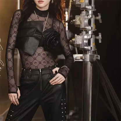 See Through Brand Women Tops Tulle Mesh Versatile Long Sleeve Moon Flocked Shirt Casual Thin Blouses Y2k Sexy Sheer Blusas 959P