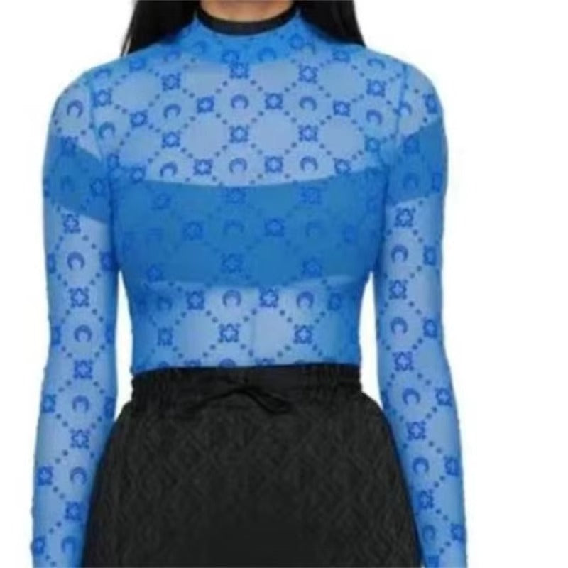 See Through Brand Women Tops Tulle Mesh Versatile Long Sleeve Moon Flocked Shirt Casual Thin Blouses Y2k Sexy Sheer Blusas 959P