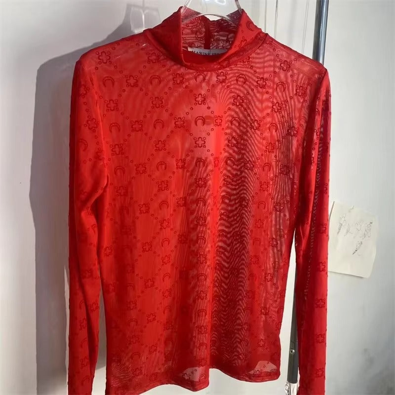 See Through Brand Women Tops Tulle Mesh Versatile Long Sleeve Moon Flocked Shirt Casual Thin Blouses Y2k Sexy Sheer Blusas 959P