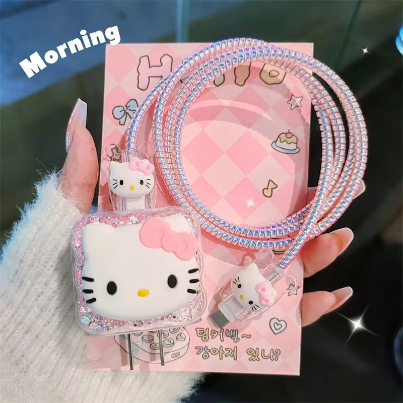 Cartoon Hello Kitty Charger Data Cable Case Protector And Winding Kit For 20W Fast Charger Adapter Phone Charger Case