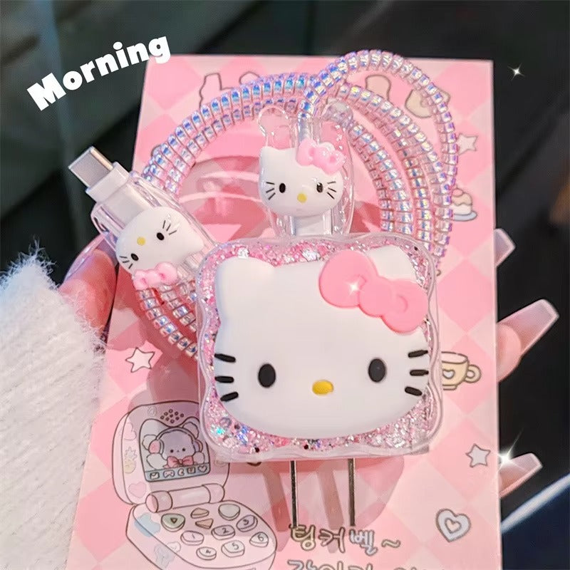 Cartoon Hello Kitty Charger Data Cable Case Protector And Winding Kit For 20W Fast Charger Adapter Phone Charger Case