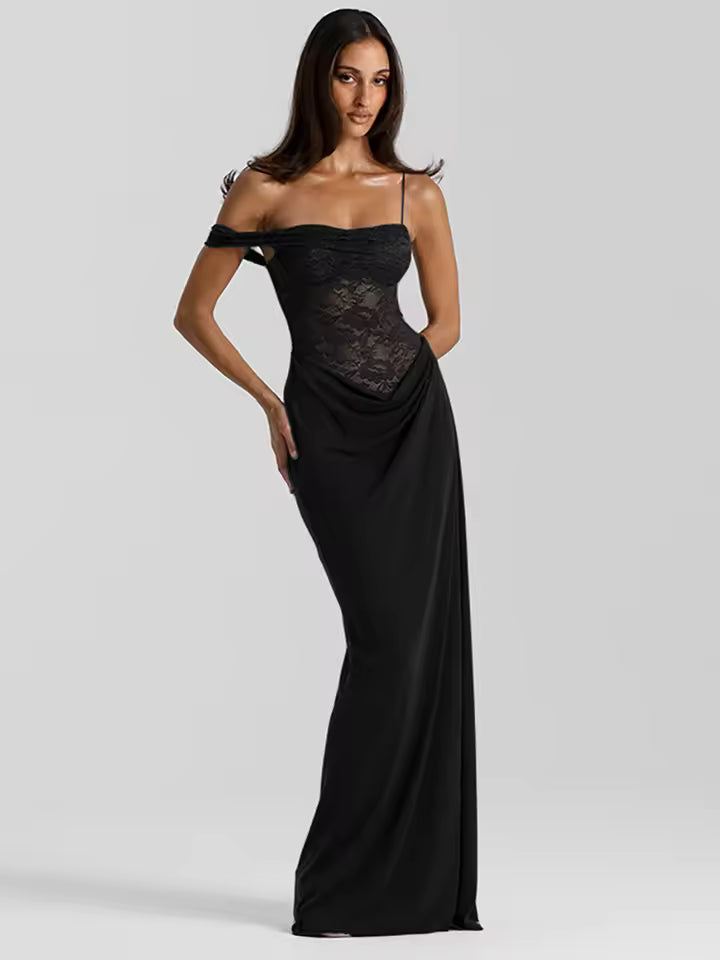 Mozision One Shoulder Lace See Through Sexy Maxi Dress Women Gown Fashion Off-shoulder Sleeveless Backless Club Long Dresses