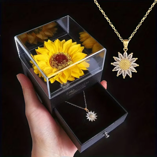 Dainty Stainless Steel Necklace Plated Zircon Daisy Sunflower Pendant Necklace with Sunflower Gift Box For Women Girls Jewelry